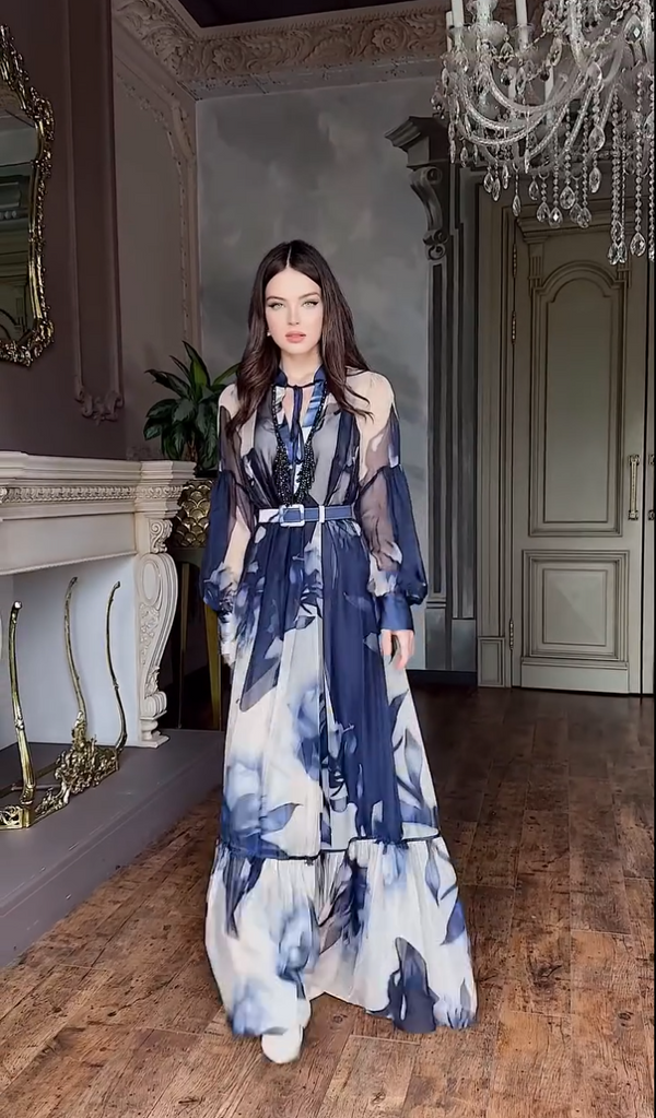 Navy & White Print Dress