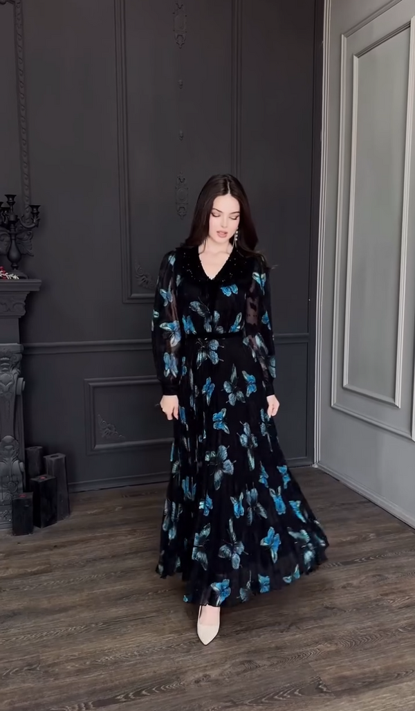 Black Chiffon Blue Butterfly Print