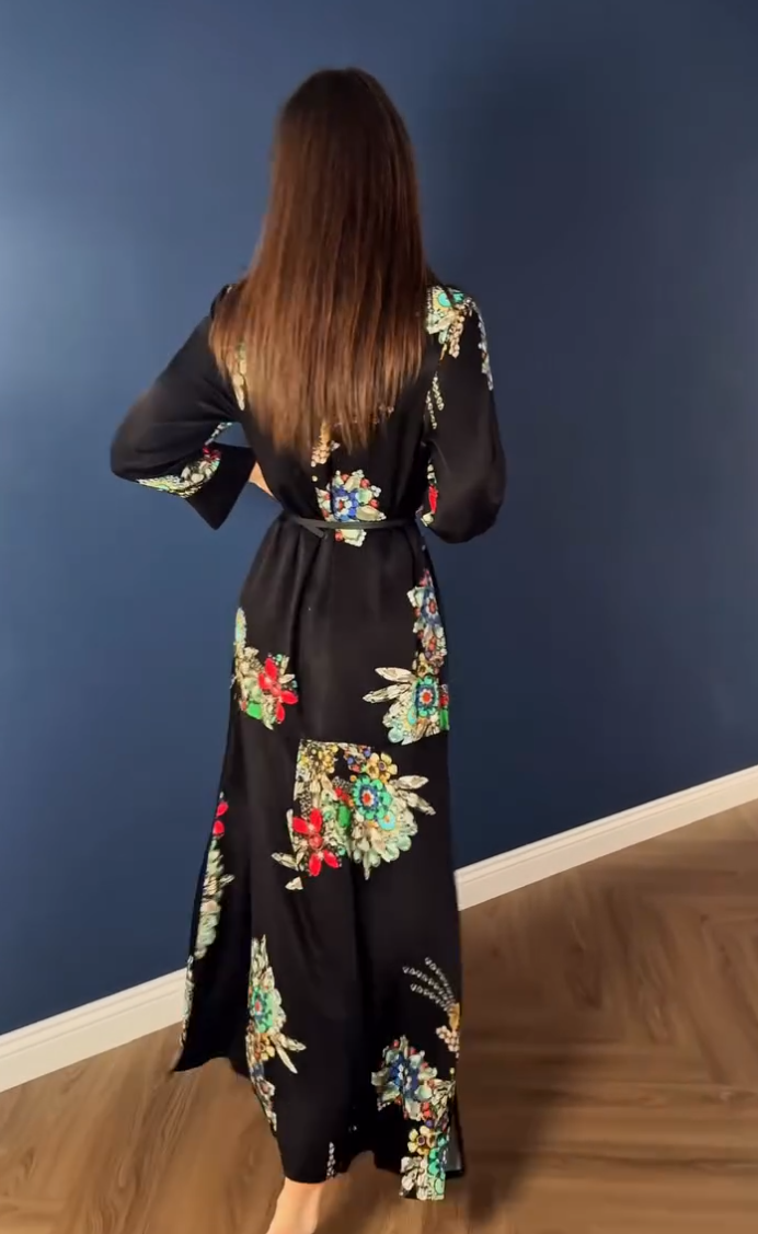 Grace Black Floral Print Belted Maxi – Muhtarma
